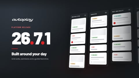 AutoPlay 26.7.1 release artwork: the AutoPlay wordmark and the version number beside a lead pipeline laid out in swimlanes