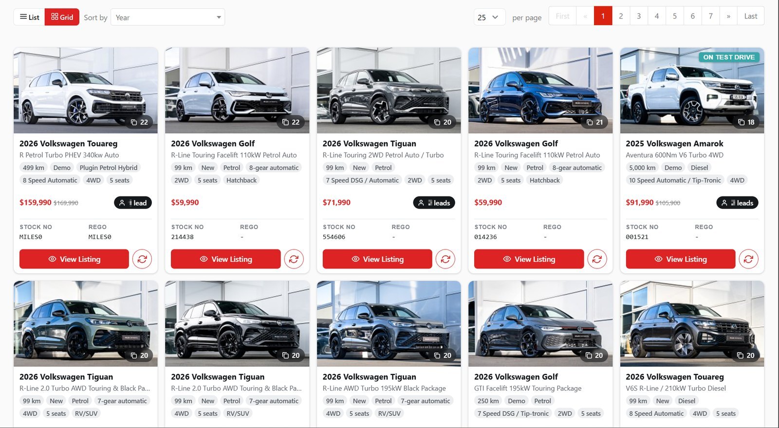 Listing Dashboard in grid view, showing vehicle cards with photo, price, specification chips, stock number and lead badges