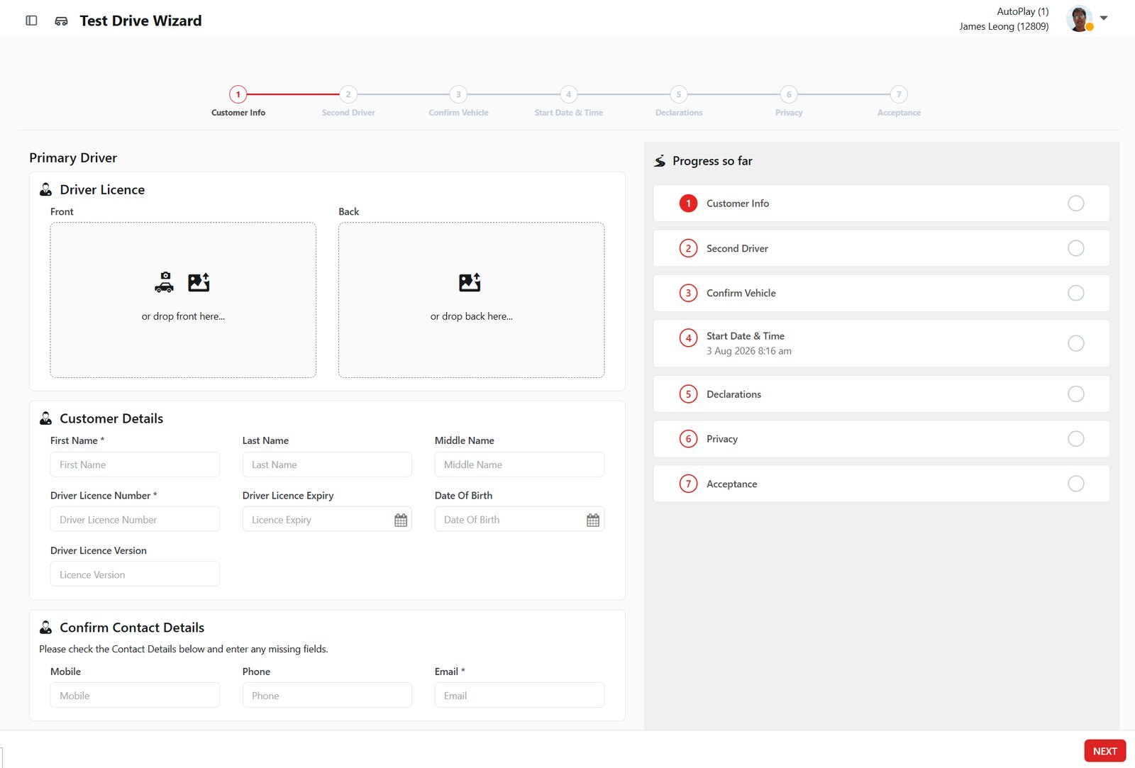 Test Drive Wizard on step one of seven, capturing driver licence images and customer details, with the remaining steps listed alongside