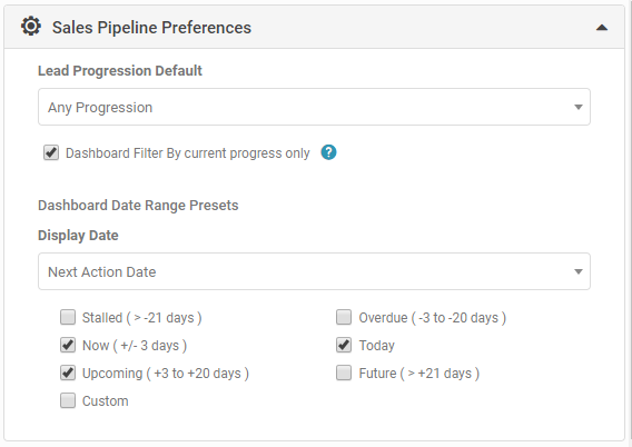 Sales Pipeline Preferences section with Progression and Dashboard Date Range Presets