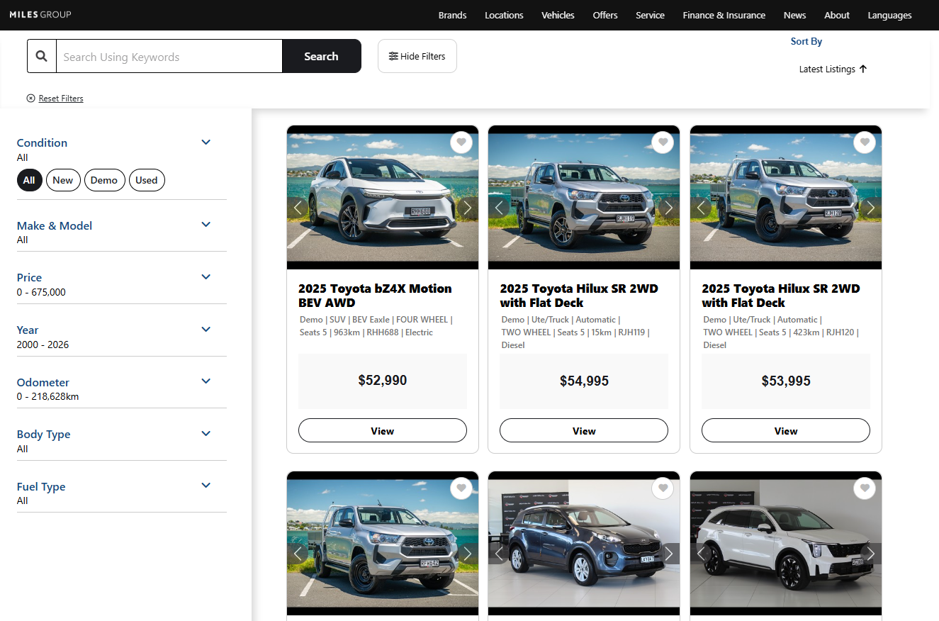 Miles Group search page with vertical menu