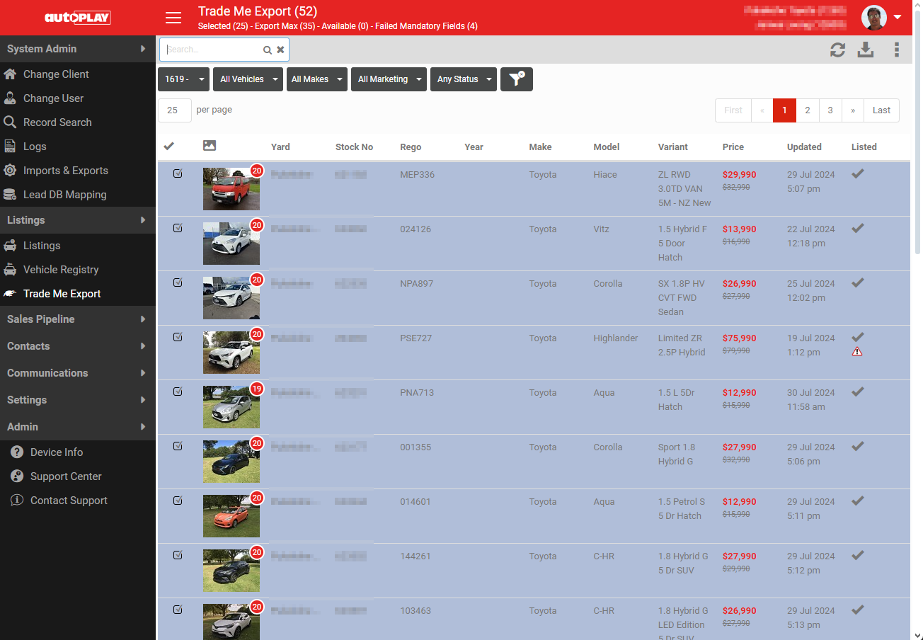 Trade Me Export dashboard