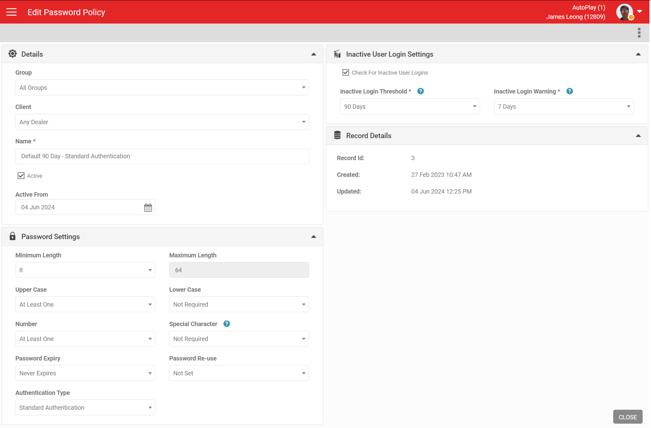 Default AutoPlay password policy settings screen