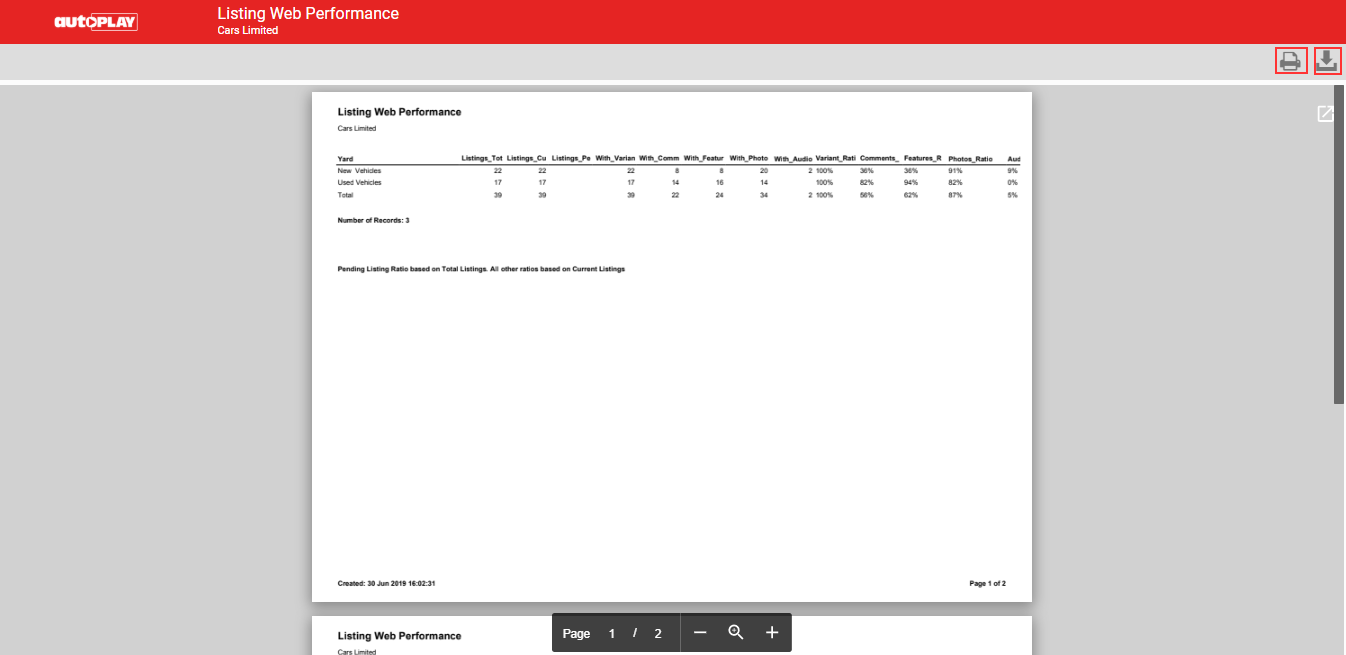 Report preview with Print and Download buttons