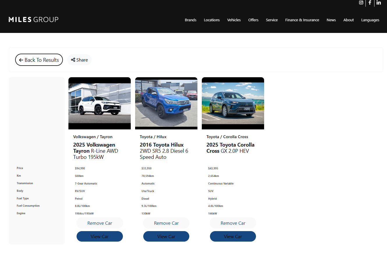 Miles Group favourites page example
