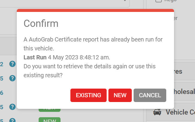 Prompt to reuse an existing Car Analysis record or run a new one