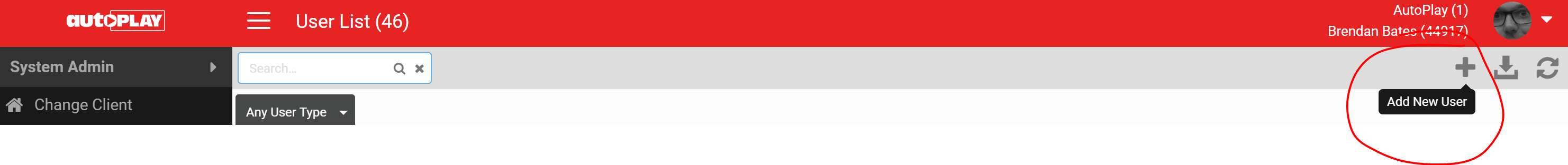 My Users screen showing the plus button in the grey action menu