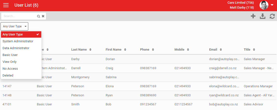 User Type filter dropdown on the User List