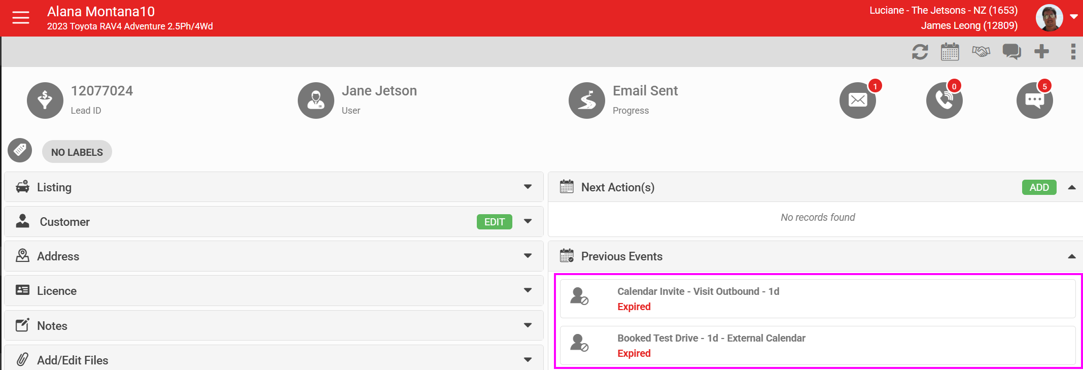 Previous Events section showing expired calendar entries