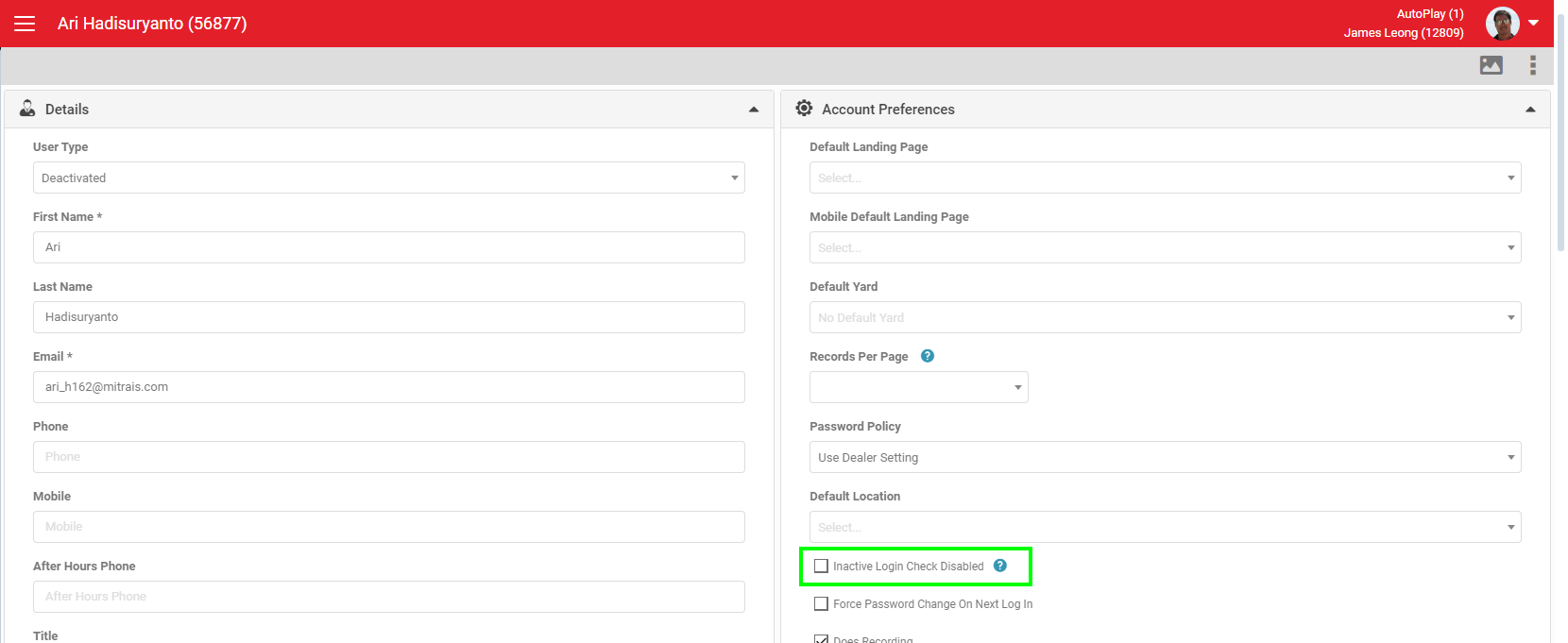 Exemption setting on a user record to opt out of inactivity deactivation