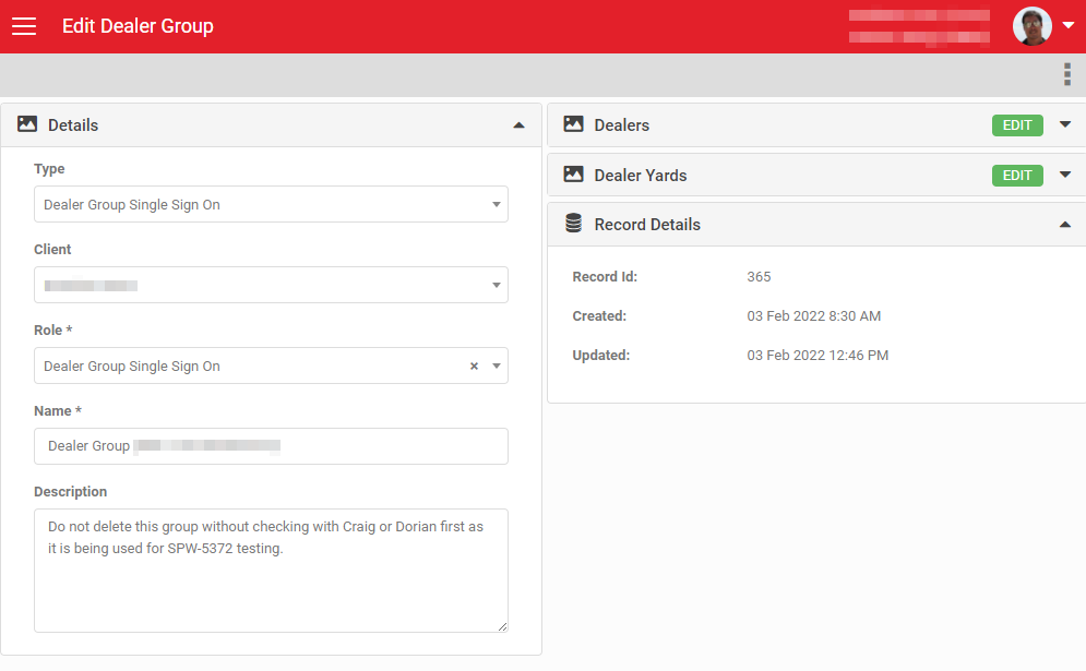 Dealer Group record showing selectable accounts and yards