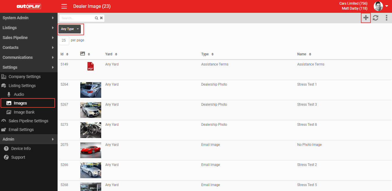 Listing Settings Images screen