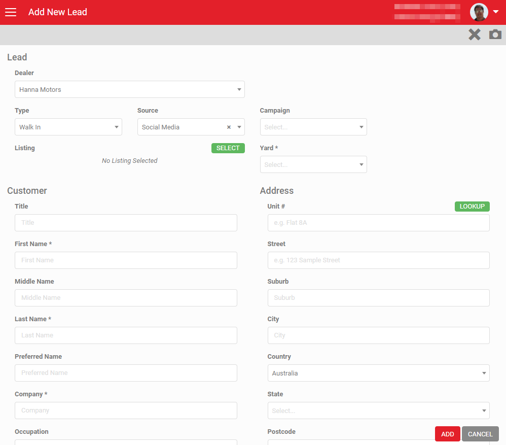 Create New Lead screen with dealership selection dropdown