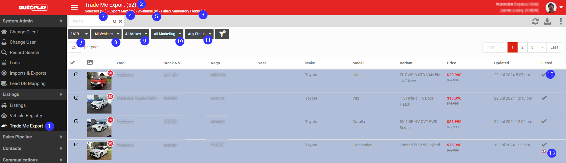 Annotated Trade Me Export dashboard screen