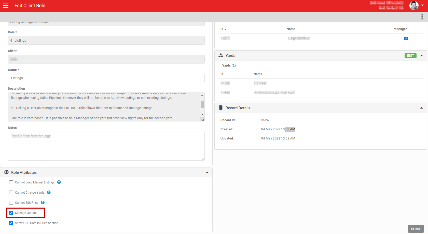 Manage Options checkbox in the LISTINGS role in Role Management