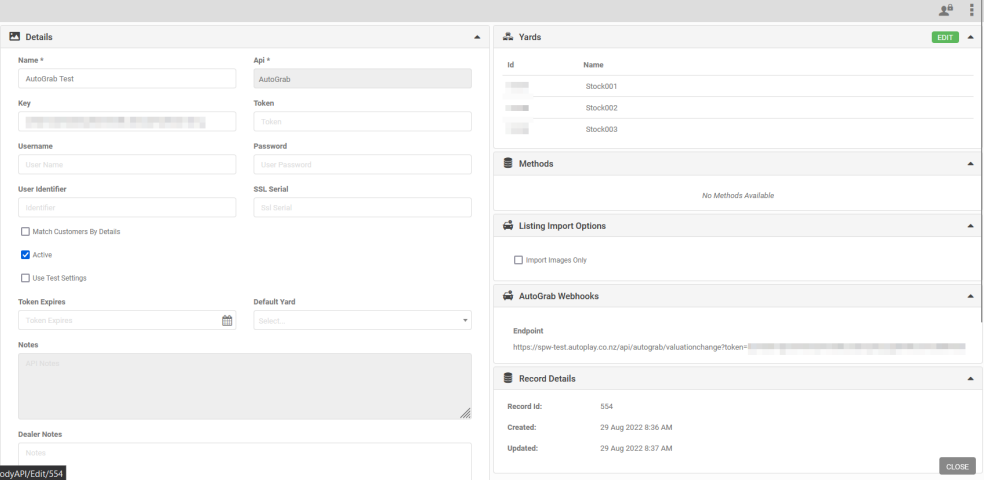 AutoGrab API record settings