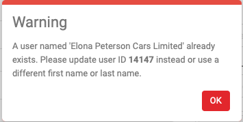 Duplicate name error shown on saving a new user record