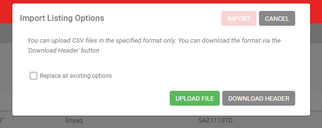 Import Listing Options popup with the Replace all existing options checkbox