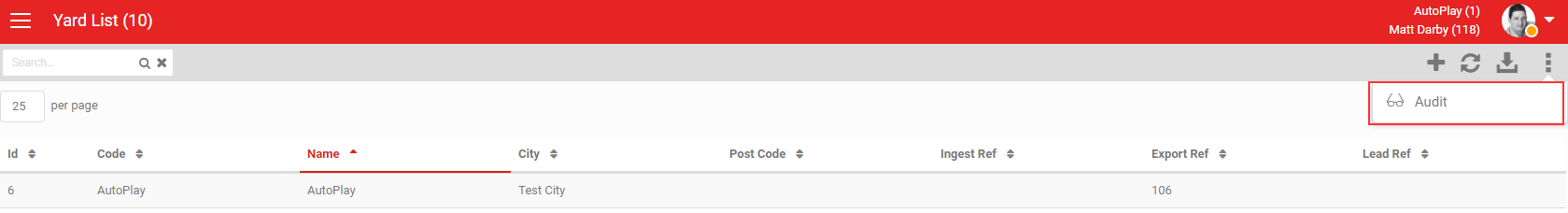 Audit button under the 3 dots menu on a list screen