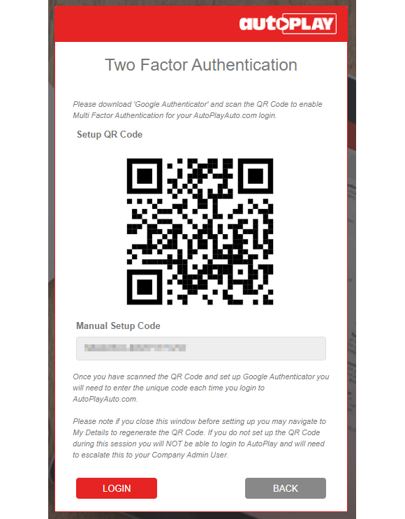 QR code and setup key shown on first login after MFA is enabled
