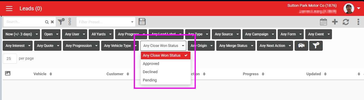Lead Dashboard filter for leads pending Closed Won approval