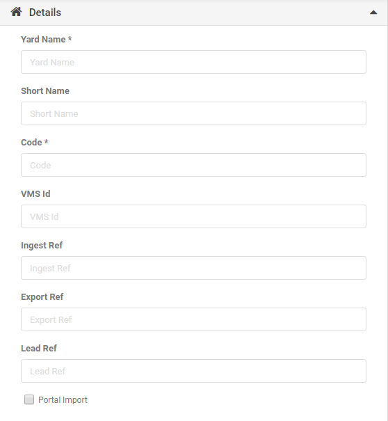 Details section of the yard record with Yard Name and Code fields
