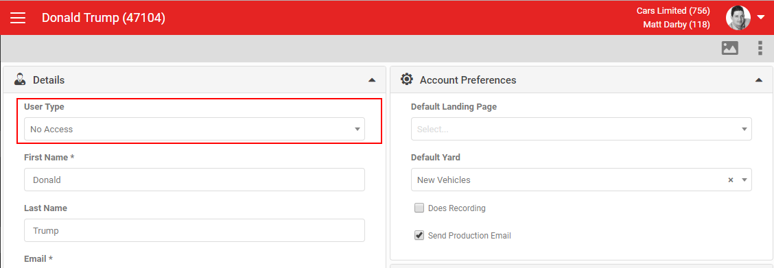 User Type dropdown set to No Access