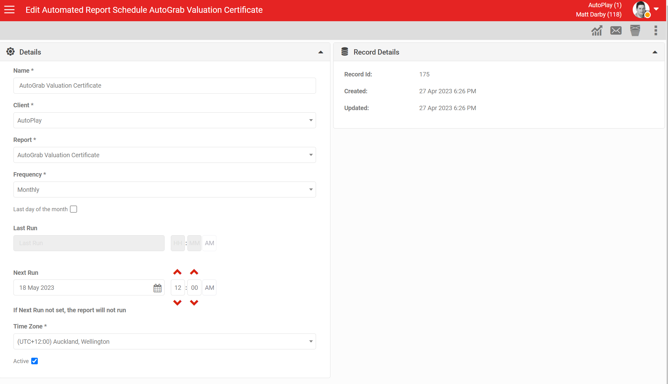 Scheduled Reports screen showing the AutoGrab Valuation Certificate report