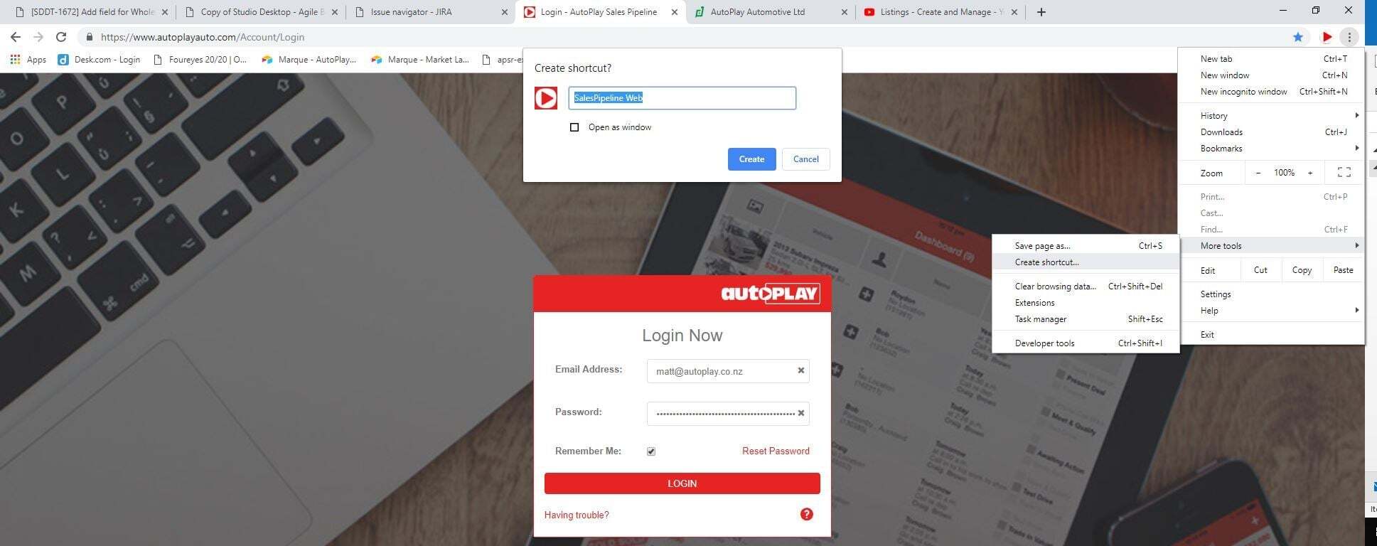 Chrome Create Shortcut menu option