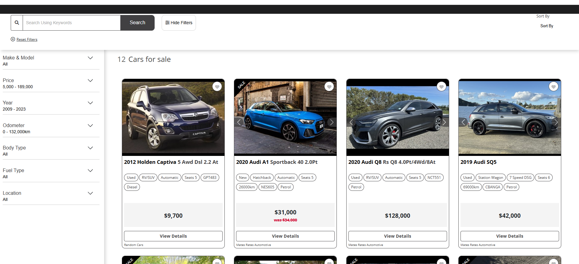 Search page with vertical sticky filter menu
