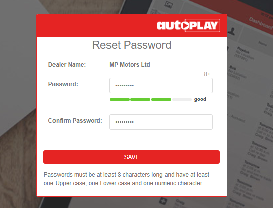 Password reset form with strength gauge