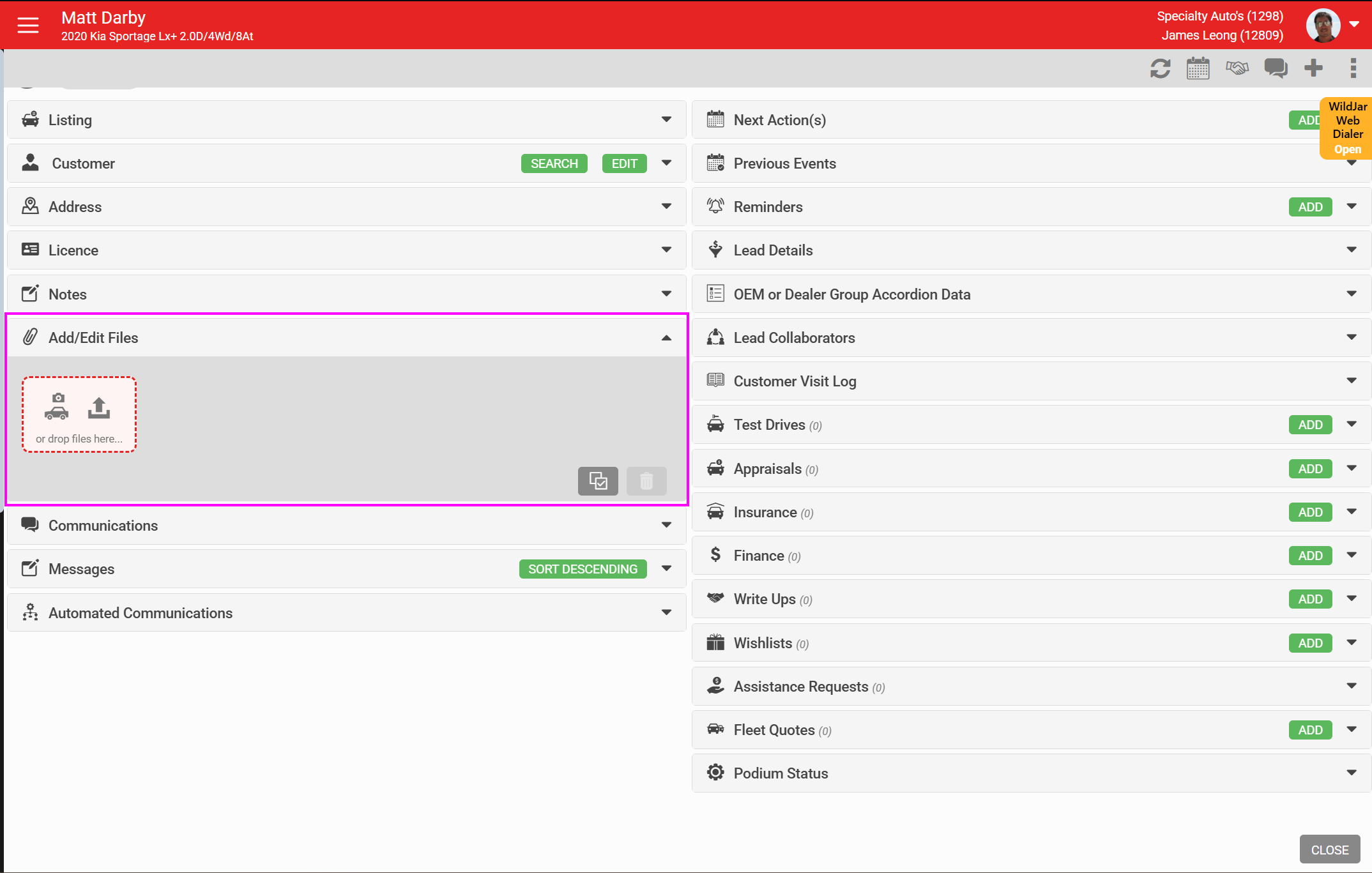 Drag and drop file upload in the lead Add File section