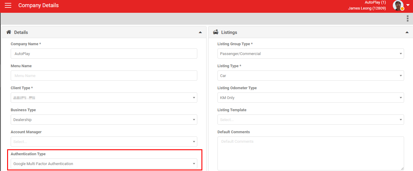 Authentication setting in My Company showing Google Multi Factor Authentication
