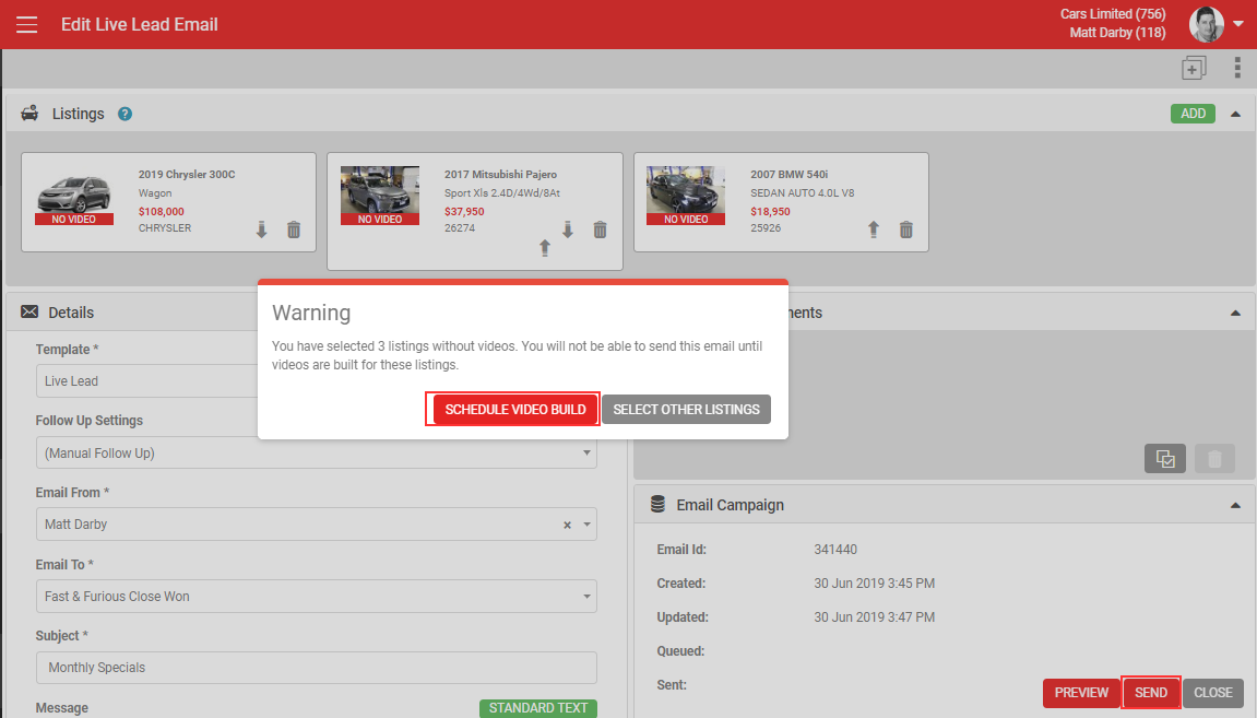 Warning about listings without video, with Schedule Video Build option
