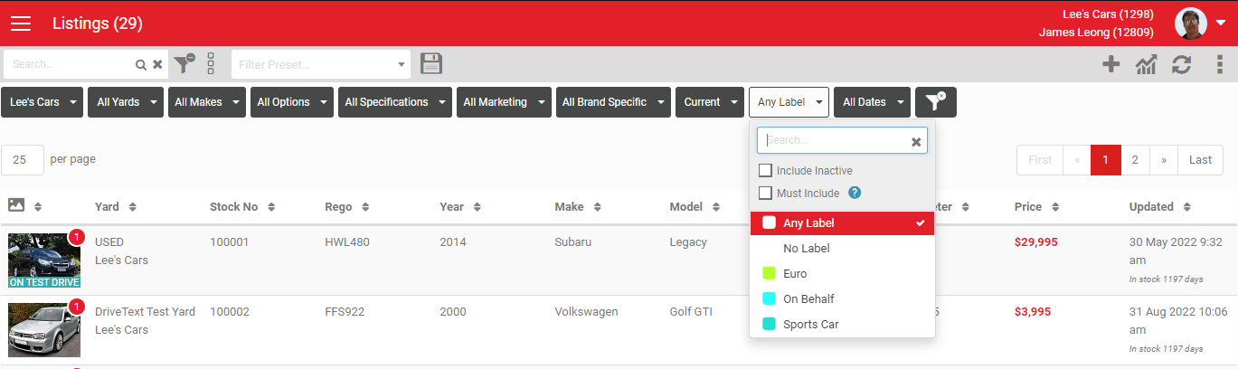 Label filter on the Listing Dashboard