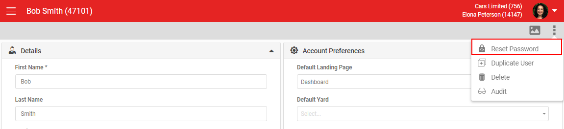 Reset Password option in the user action menu
