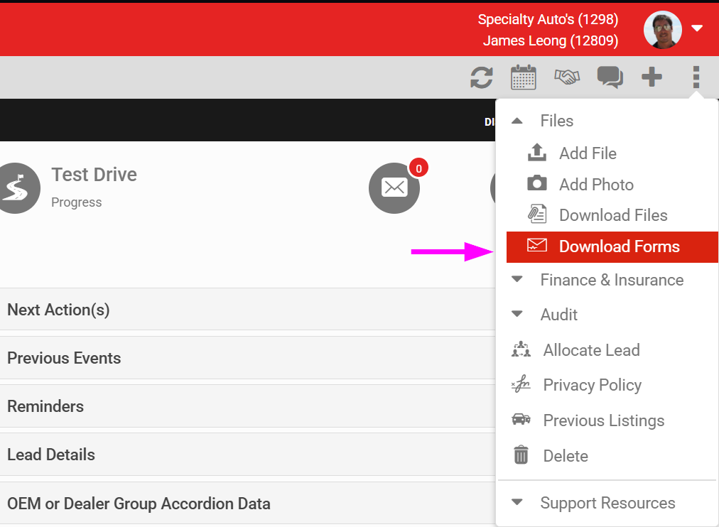 Email lead forms option in the Lead Detail three dot menu