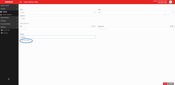 Copy Listing dialog with yard, Stock No and Reg No fields