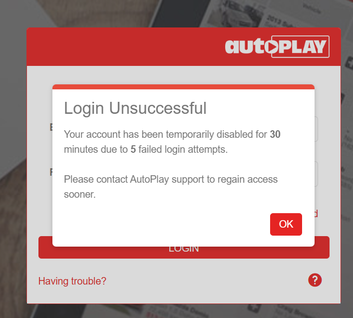 Login lockout message on the AutoPlay login screen