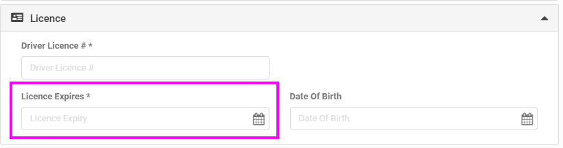 Test drive form with driver licence expiry date set as mandatory