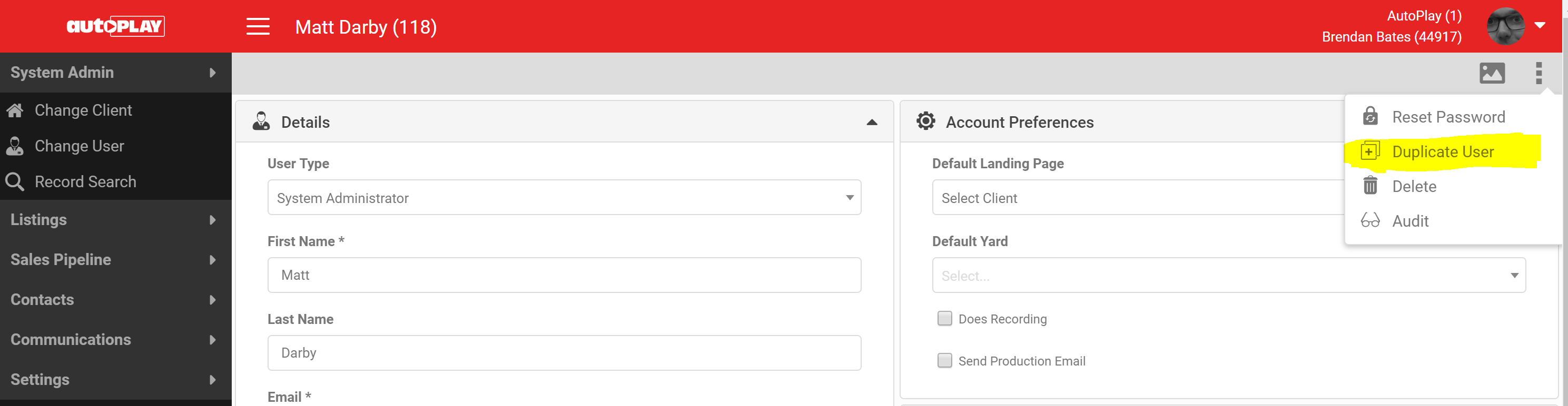 Duplicate User option in the grey action menu