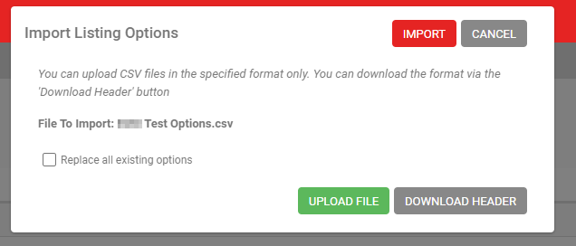 File To Import field showing the selected CSV file name