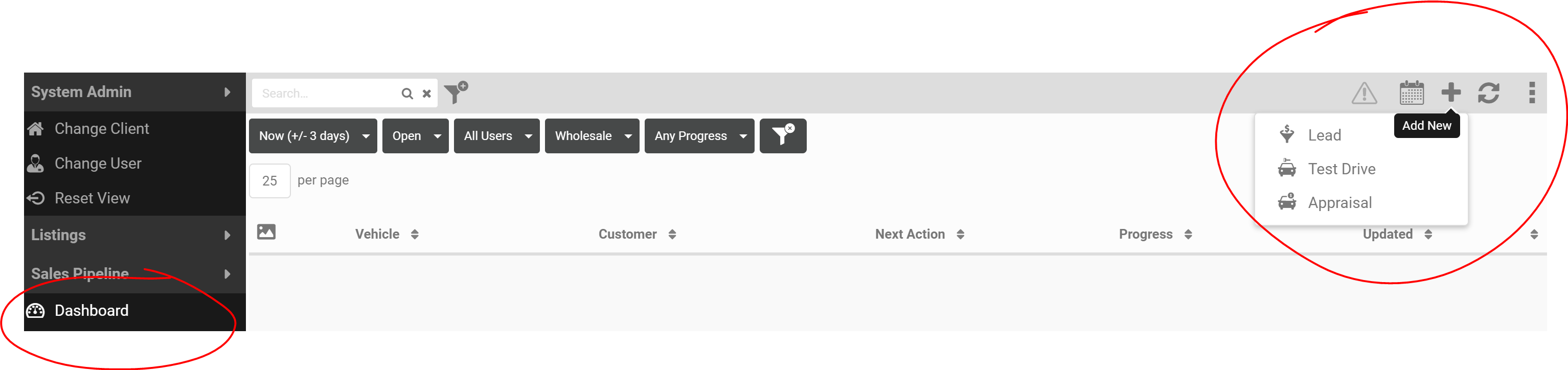 Plus menu showing options to create a Lead, Test Drive or Appraisal