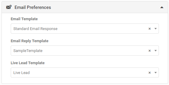 Email Preferences section showing Email Template, Email Reply Template and Live Lead Template fields