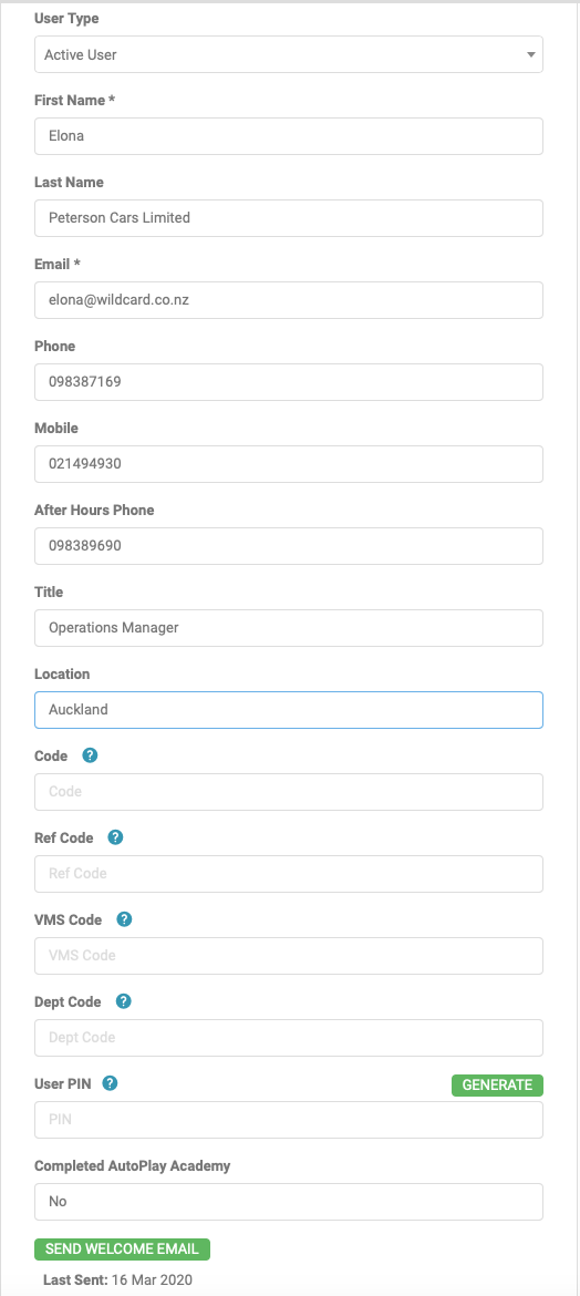 User Details section fields on the new user form