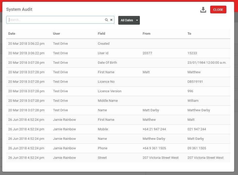 Audit results for a customer record showing field, user and date changes