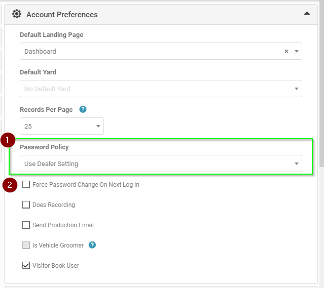 Account Preferences screen showing the user-level password policy dropdown
