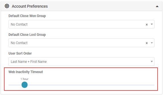 Web Inactivity Timeout slider in Account Preferences