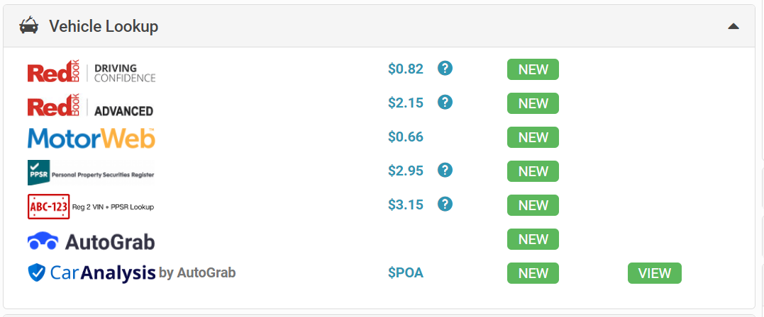 View and New buttons for Car Analysis reports