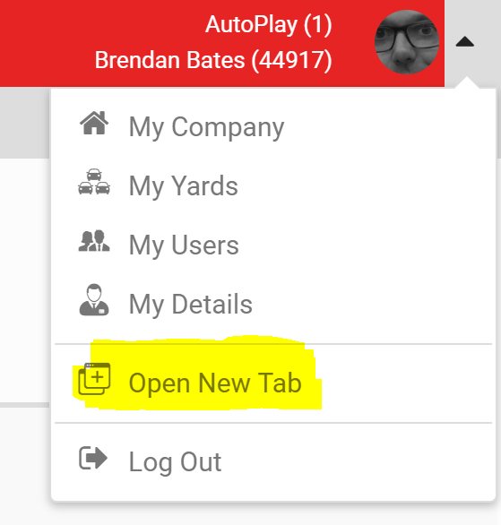 Profile menu with the Open New Tab option in the top right of the header